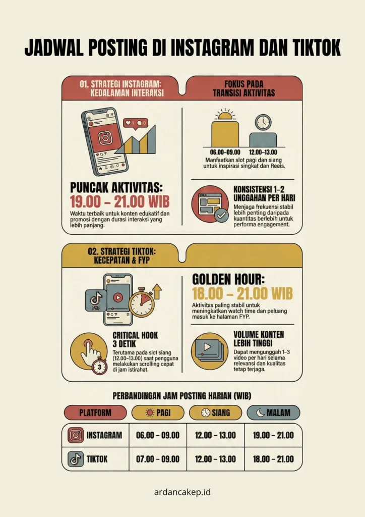 Jadwal Posting di Instagram dan TikTok terbaik untuk audiens Indonesia adalah pagi (06.00–09.00), siang (12.00–13.00), dan malam (18.00–21.00).