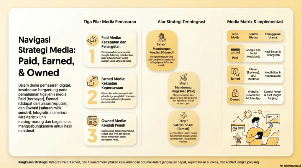 Content distribution terdiri dari tiga kategori utama: owned media, earned media, dan paid media.
