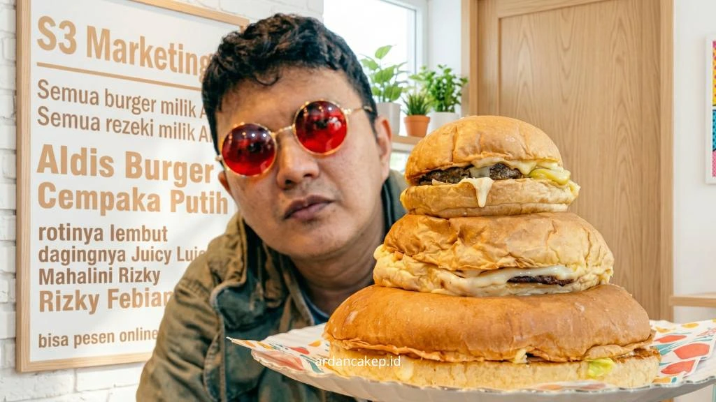 Contoh viral marketing ala Aldis burger cempaka putih rotinya lembut dagingnya juicy lucy mahalini rizky febian bisa pesen online.