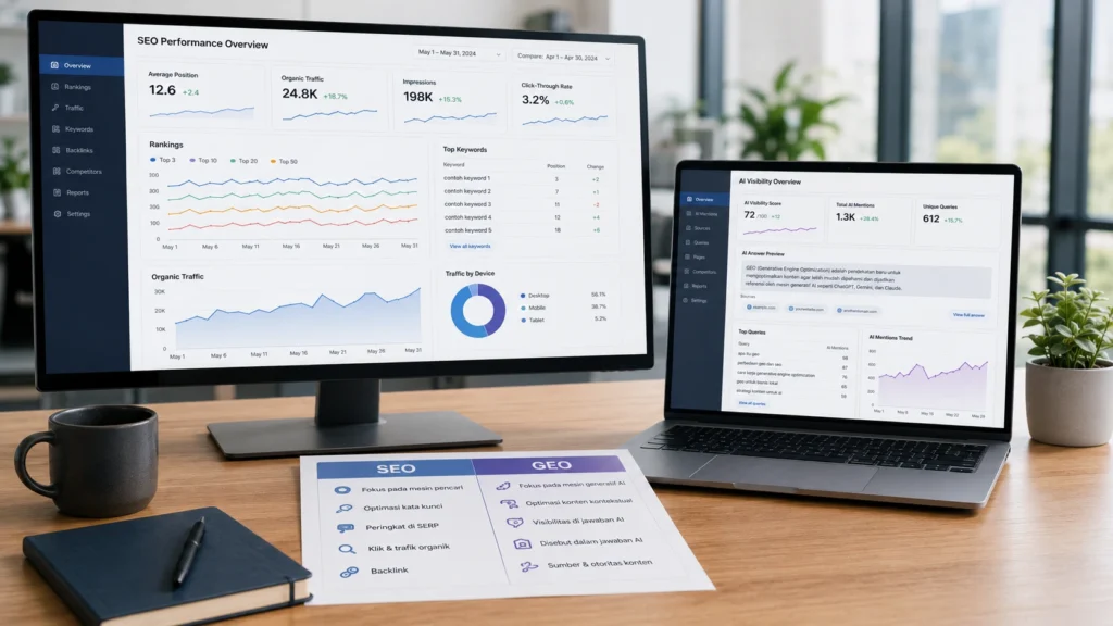 Perbedaan GEO dan SEO adalah SEO berfokus pada visibilitas di hasil pencarian organik, sedangkan GEO berfokus pada kemunculan konten dan brand dalam jawaban AI.