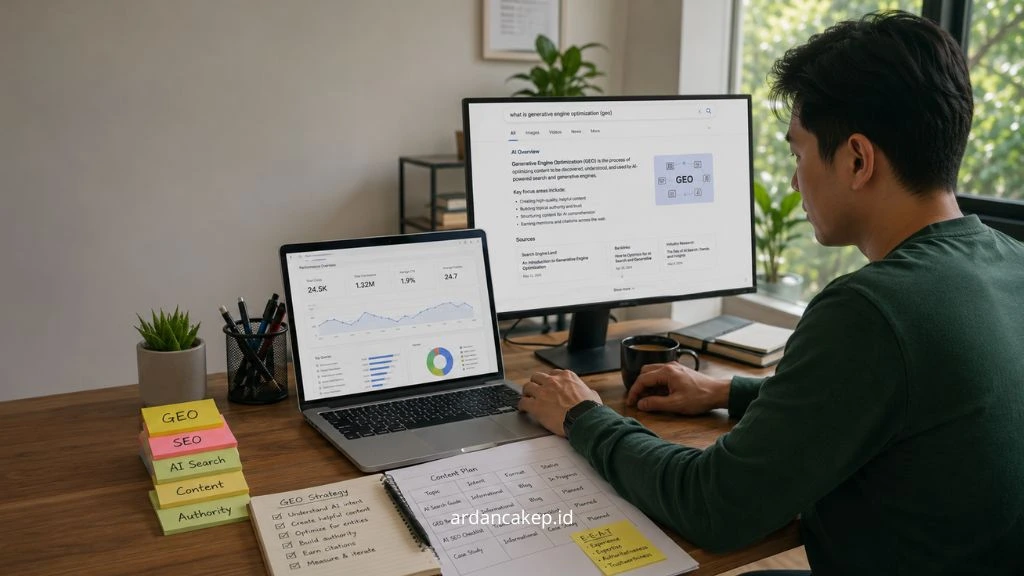 Generative Engine Optimization atau GEO adalah strategi optimasi konten agar website, brand, produk, atau layanan lebih mudah muncul, disebut, dikutip, dan direkomendasikan AI.
