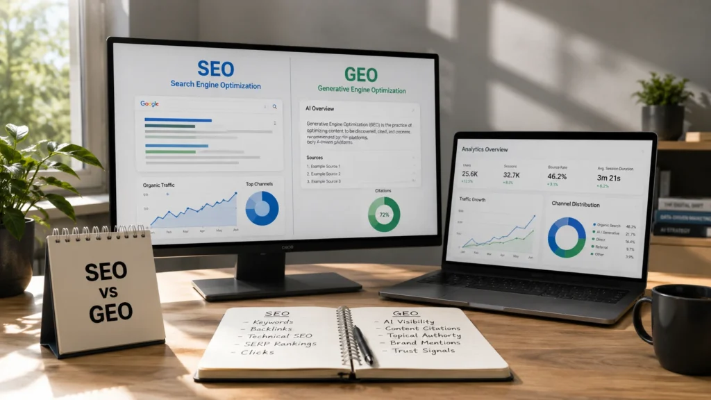 Perbedaan GEO dan SEO adalah SEO berfokus pada visibilitas di hasil pencarian organik, sedangkan GEO berfokus pada kemunculan konten dan brand dalam jawaban AI.