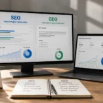 Perbedaan GEO dan SEO adalah SEO berfokus pada visibilitas di hasil pencarian organik, sedangkan GEO berfokus pada kemunculan konten dan brand dalam jawaban AI.