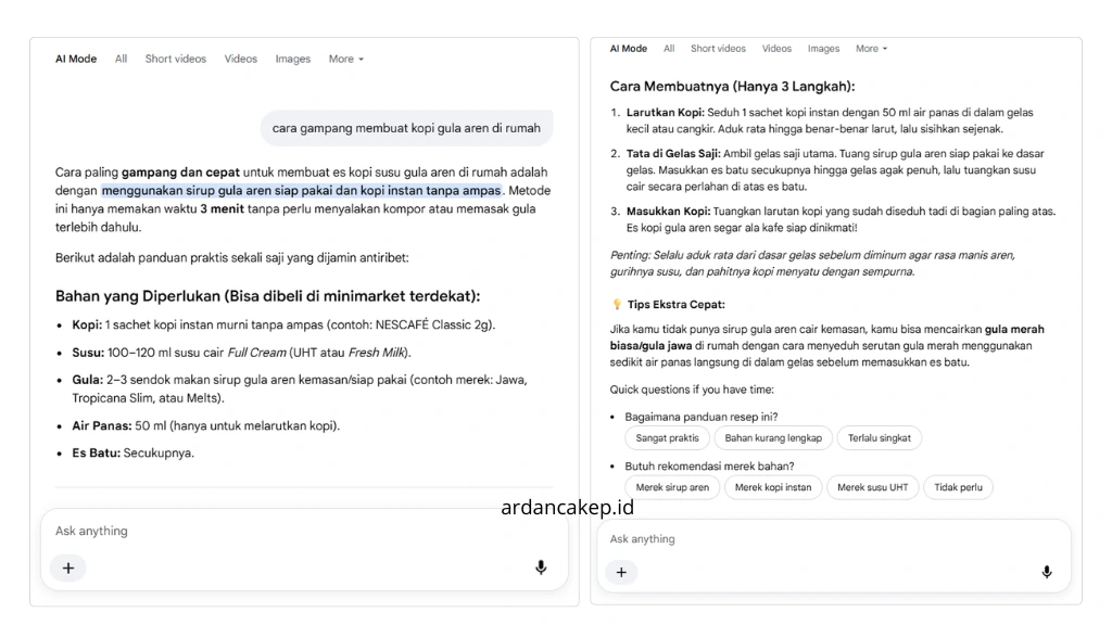 AI Overview memberi rangkuman cepat di Google Search, sementara AI Mode untuk pencarian yang lebih kompleks dan conversational.